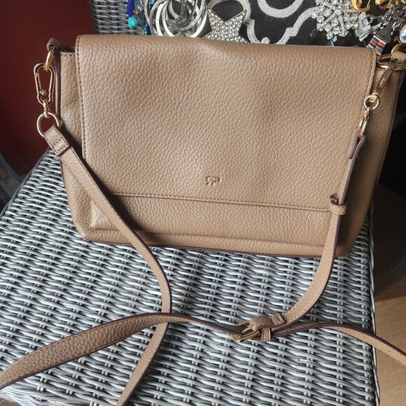 PARFOIS ~ Crossbody Tan Bag with Front Flap ~ Leather? ~ EUC - Picture 1 of 5